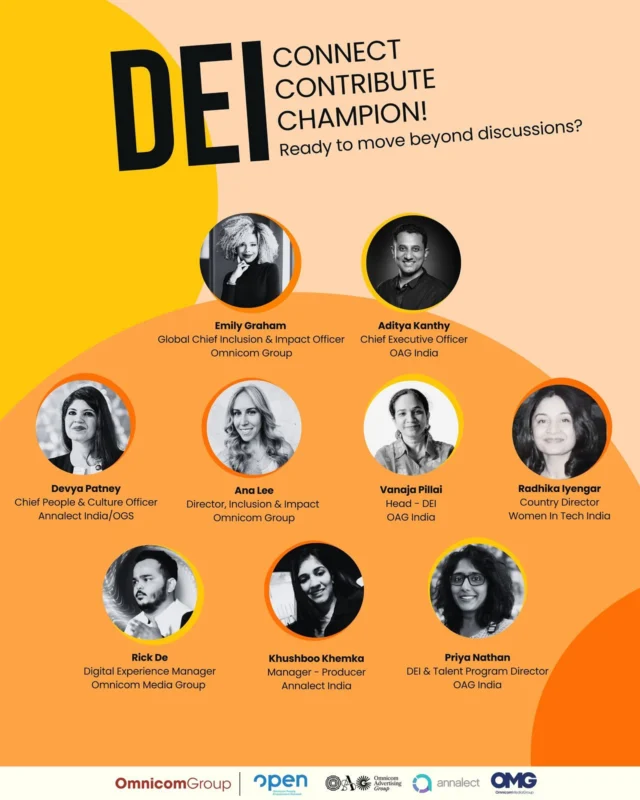 Just wrapped up a fantastic DEI townhall! It was amazing to connect with so many passionate individuals dedicated to building a more inclusive world.

Thanks to our awesome speakers, Emily Graham (Omnicom Group) and Aditya Kanthy (OAG India) for leading the way! 🙌

Shoutout to the rest of our incredible panel too:

•	Devya Patney (Annalect India/OGS)
•	Ana Lee (Omnicom Group)
•	Vanaja Pillai (OAG India)
•	Radhika Iyengar (Women in Tech India)
•	Rick De (Omnicom Media Group)
•	Khushboo Khemka (Annalect India)
•	Priya Nathan (OAG India)

Let’s continue to connect, contribute, and champion DEI. 🌱

#DEI #OPENTownhall #Inclusion #Community #OmnicomGroup #OmnicomAdvertisingGroup